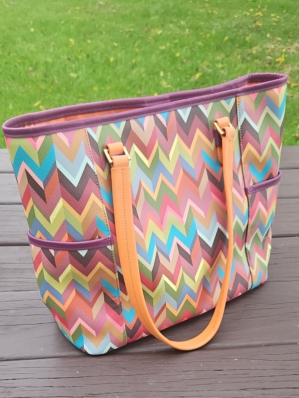 Multicolor Chevron Pattern Tote Bag with Orange Handles, Pristine!